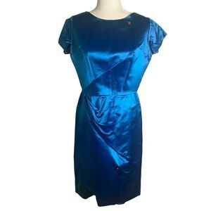 Vintage 60s Silk Short Sleeve Sheath Dress S Blue Faux Wrap Round Neck